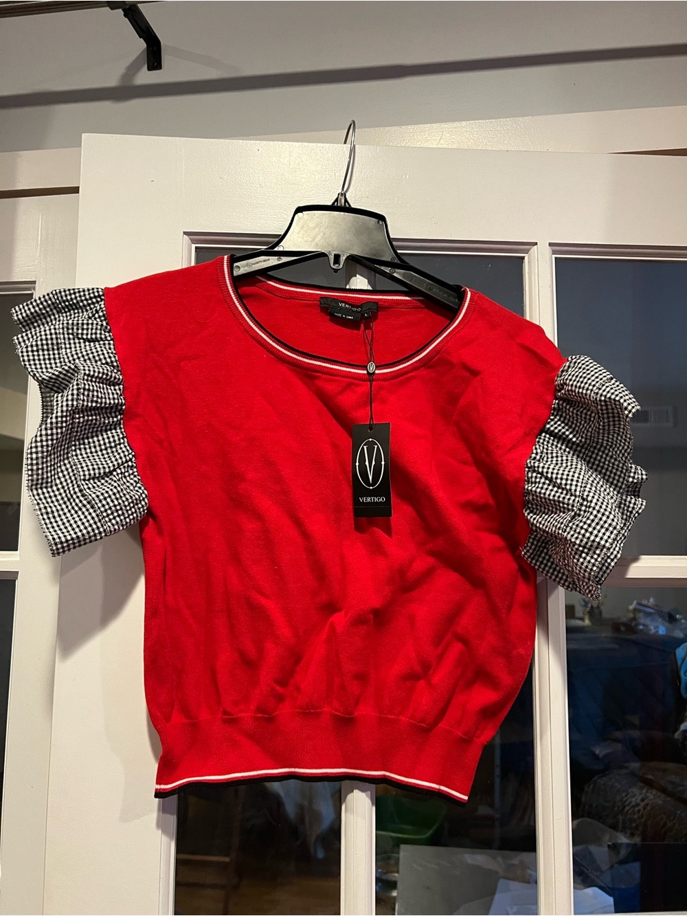 Vertigo Paris Red Knit Top with Black-and-White Gingham Puff Sleeves